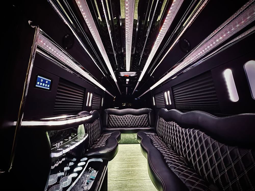 Mercedes Sprinter interior with lounge seating and ceiling lighting